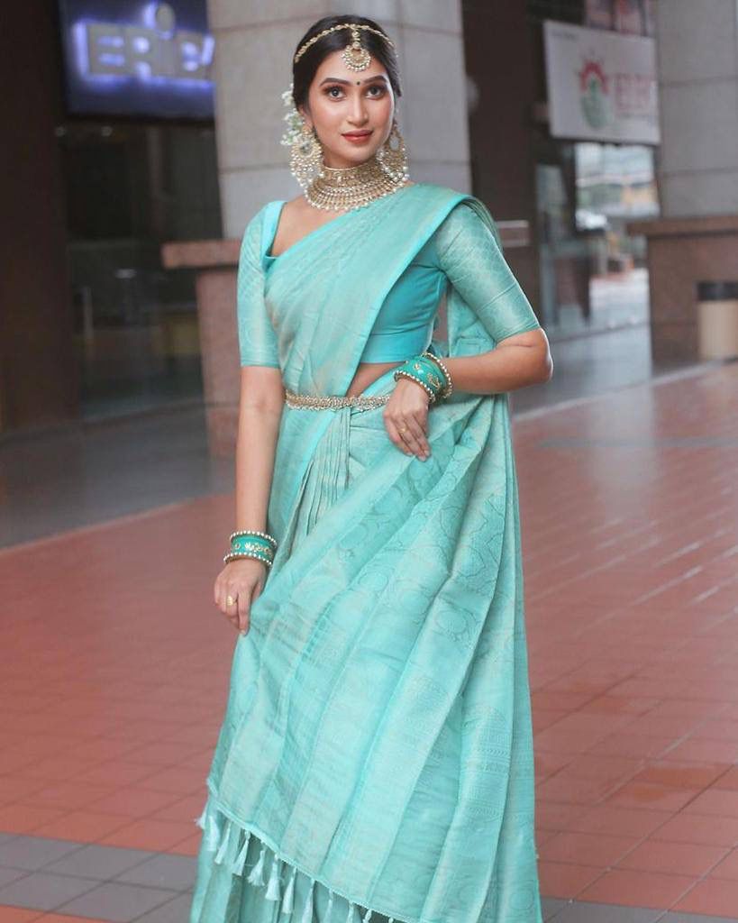 Maya Light Teal Blue Copper Zari Weaving Designer Sft Lichi Silk Saree-4582