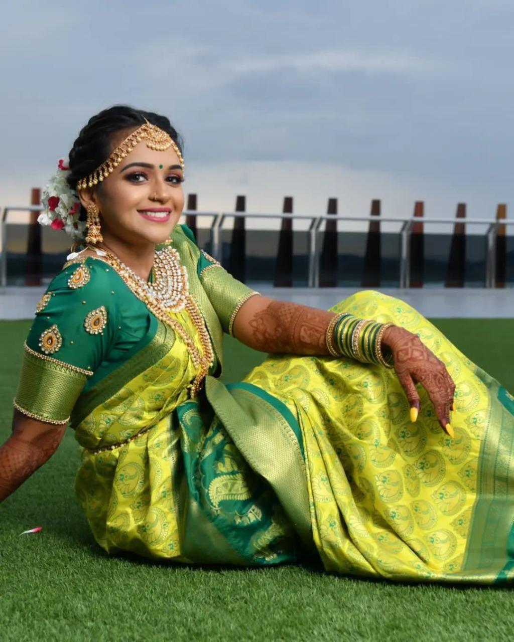 Arresting Green Yellow Colored Kanchivaram Silk Saree With Blouse-5503