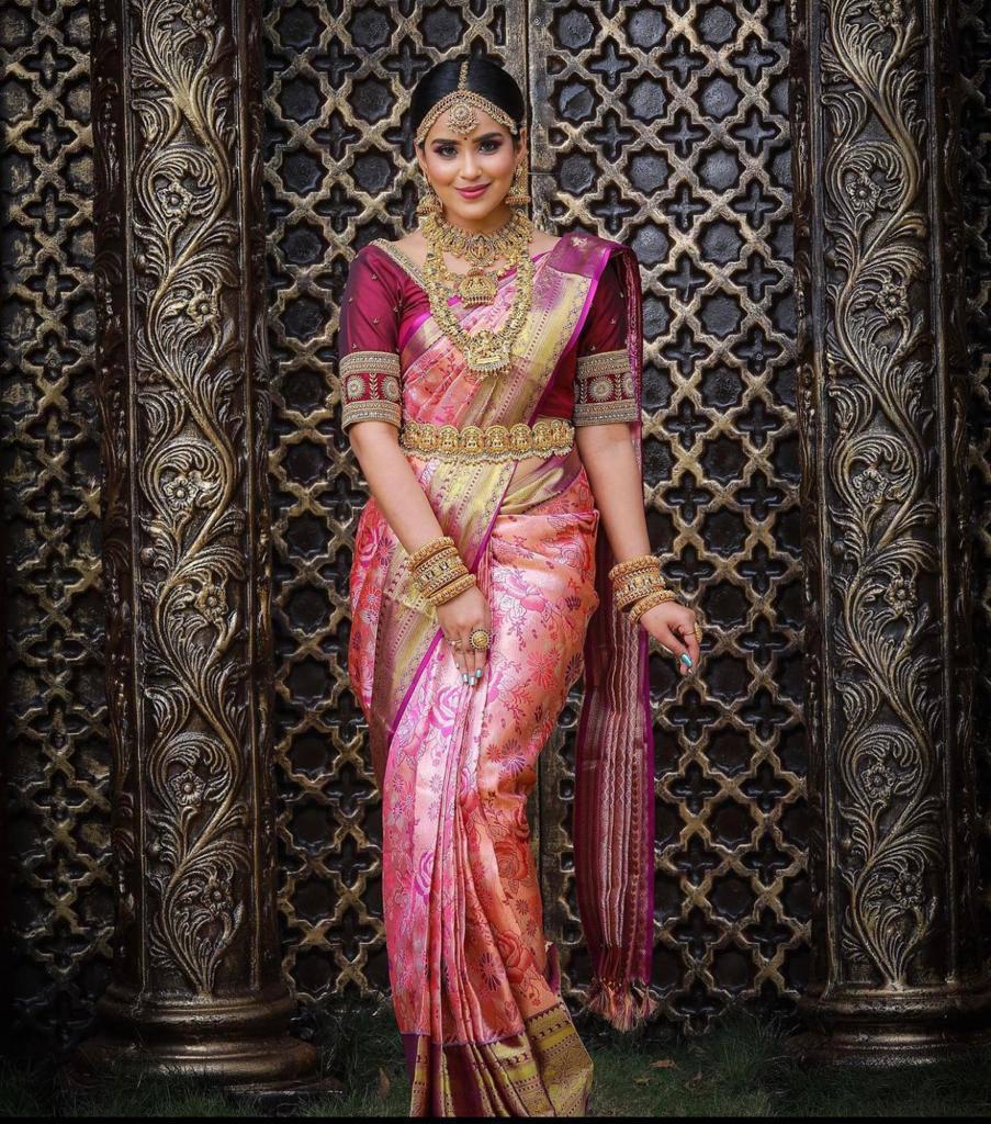 Baby pink hotsell silk saree wedding