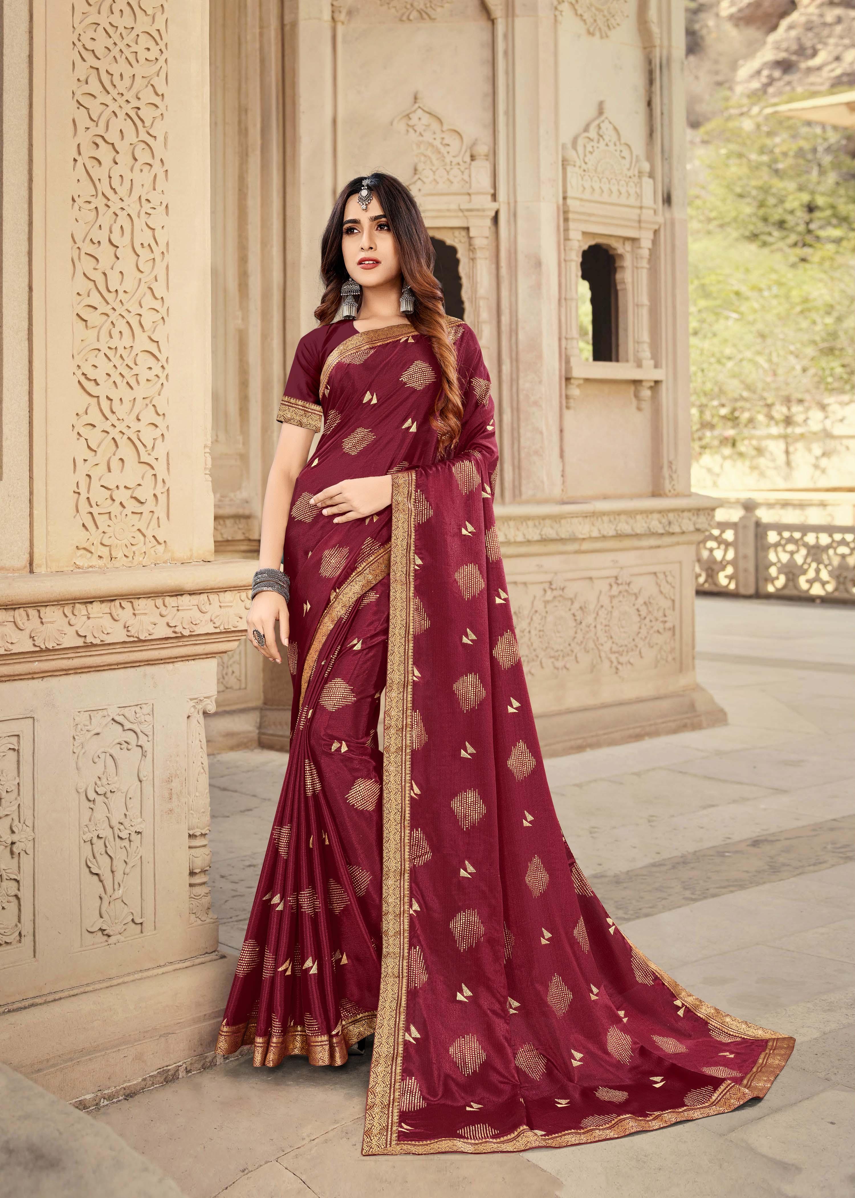 Festive Wear Maroon Color Embellished Work On Party Wear Saree In Chiffon