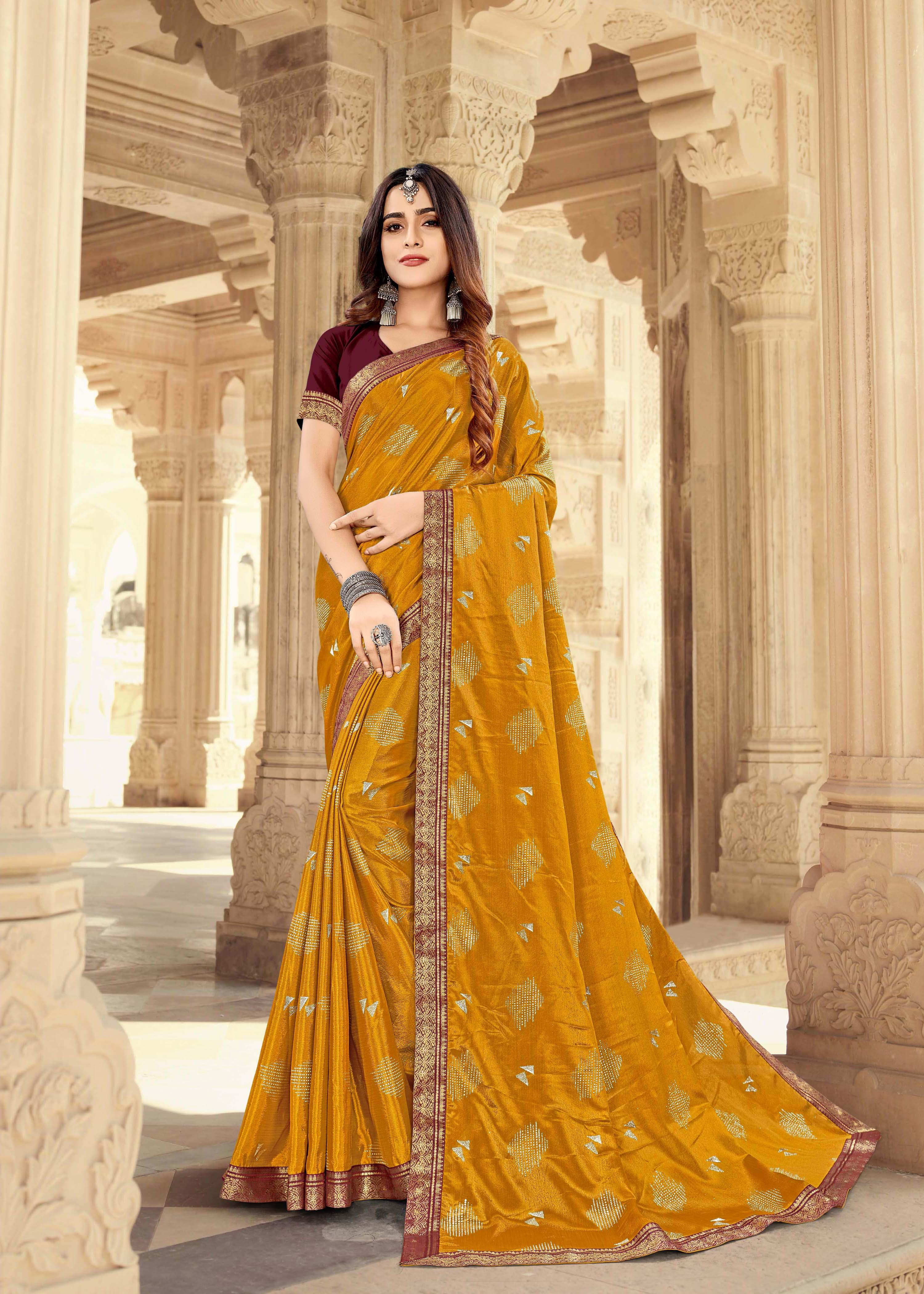 Mustard color Vichitra Silk Lace With Stone Work Designer Saree