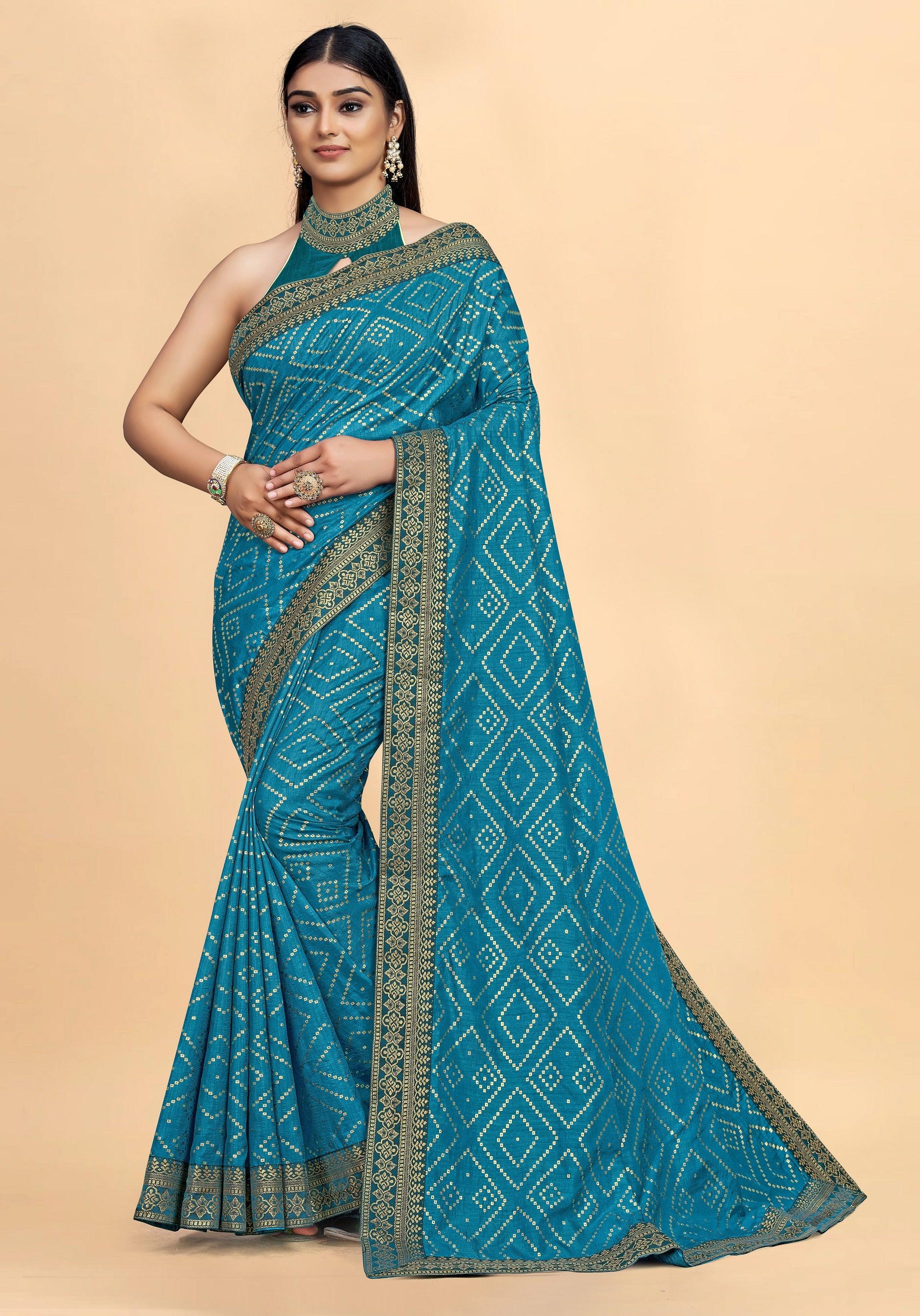 Imposing Teal Blue Colored Dola Silk Saree With Blouse