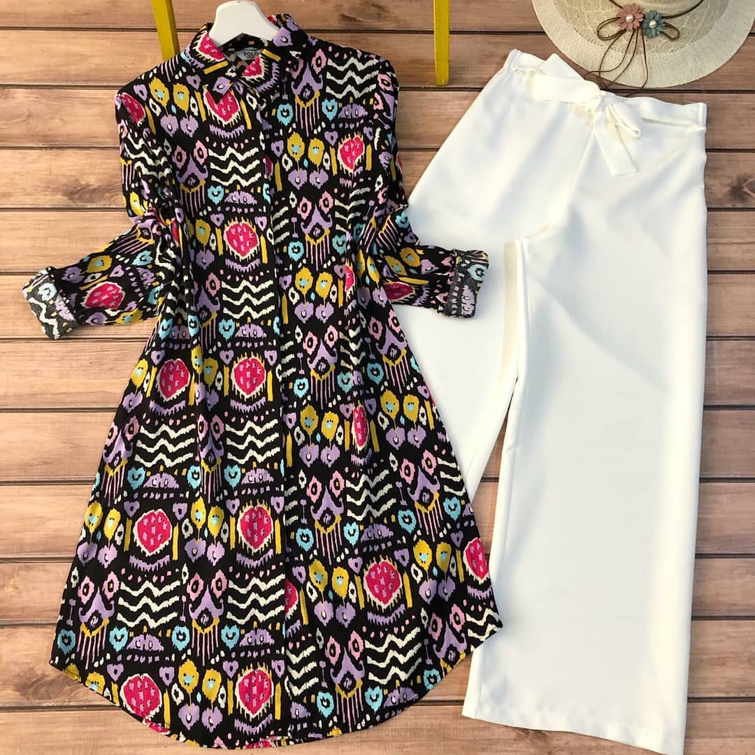 Multi-color Floral Printed Top with Plain Palazzo Set