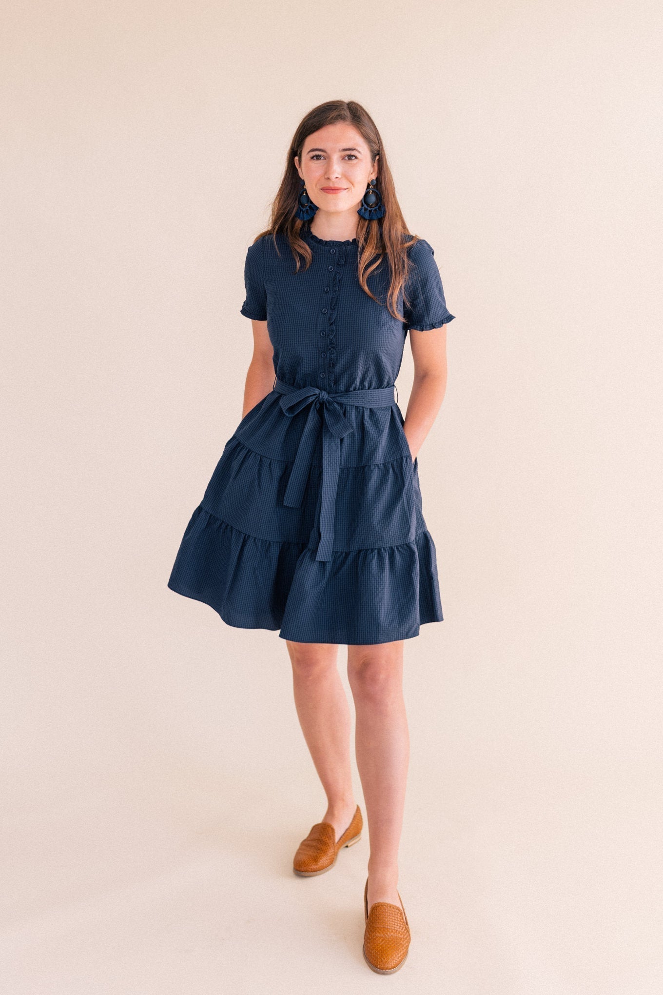 Blue Checked Tiered Midi A-Line Dress
