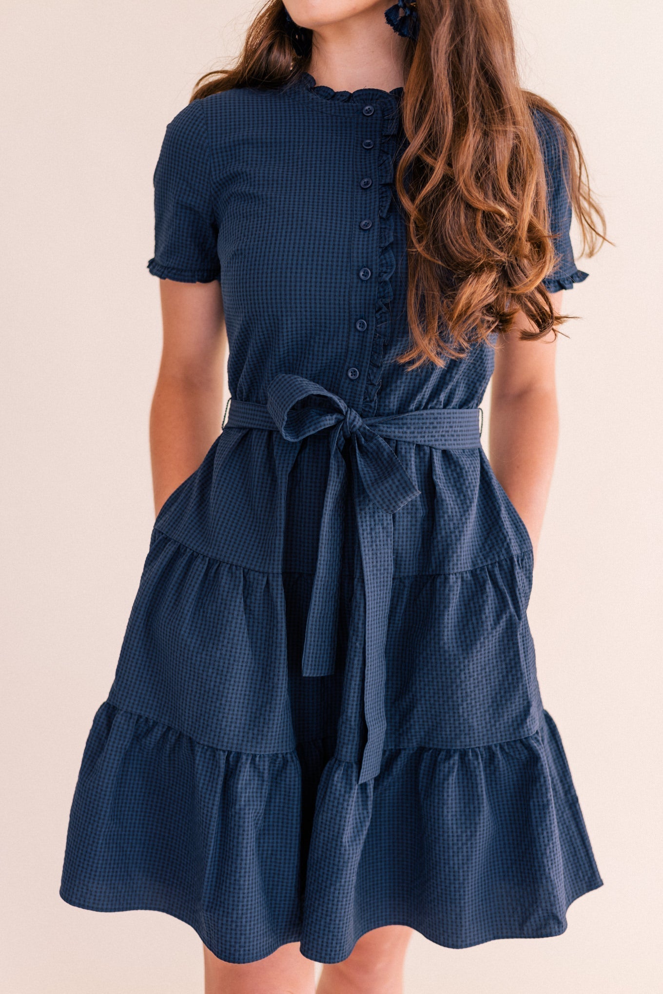 Blue Checked Tiered Midi A-Line Dress
