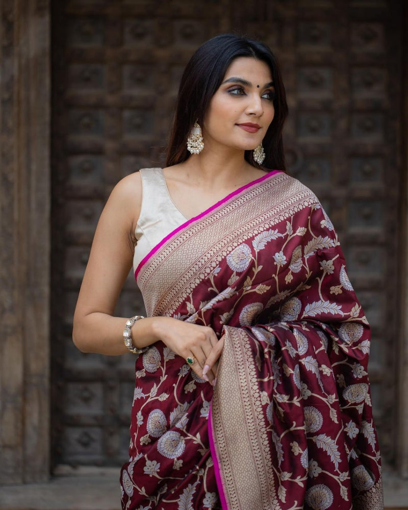 Engrossing Maroon Colour Banarasi Pure Soft Silk Saree – TheDesignerSaree