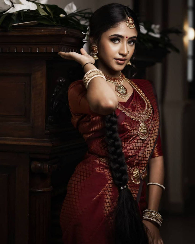 Pure Gaji Silk Wedding Wear Saree In Maroon In Embroidery & Handwork - Bridal  Saree - Saree