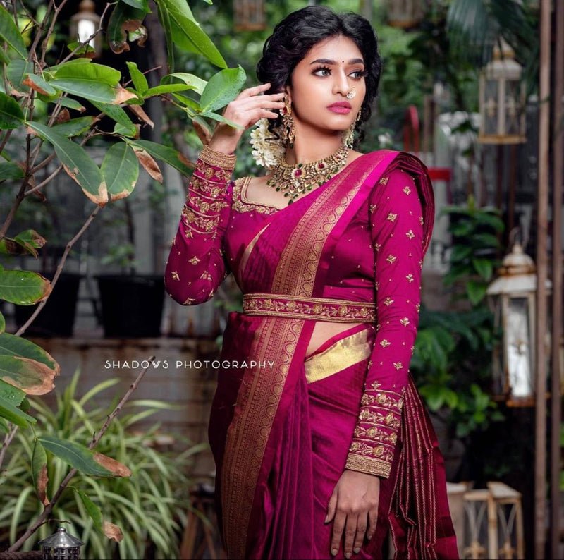 Coral Peach Silk Saree with Contrast Blouse