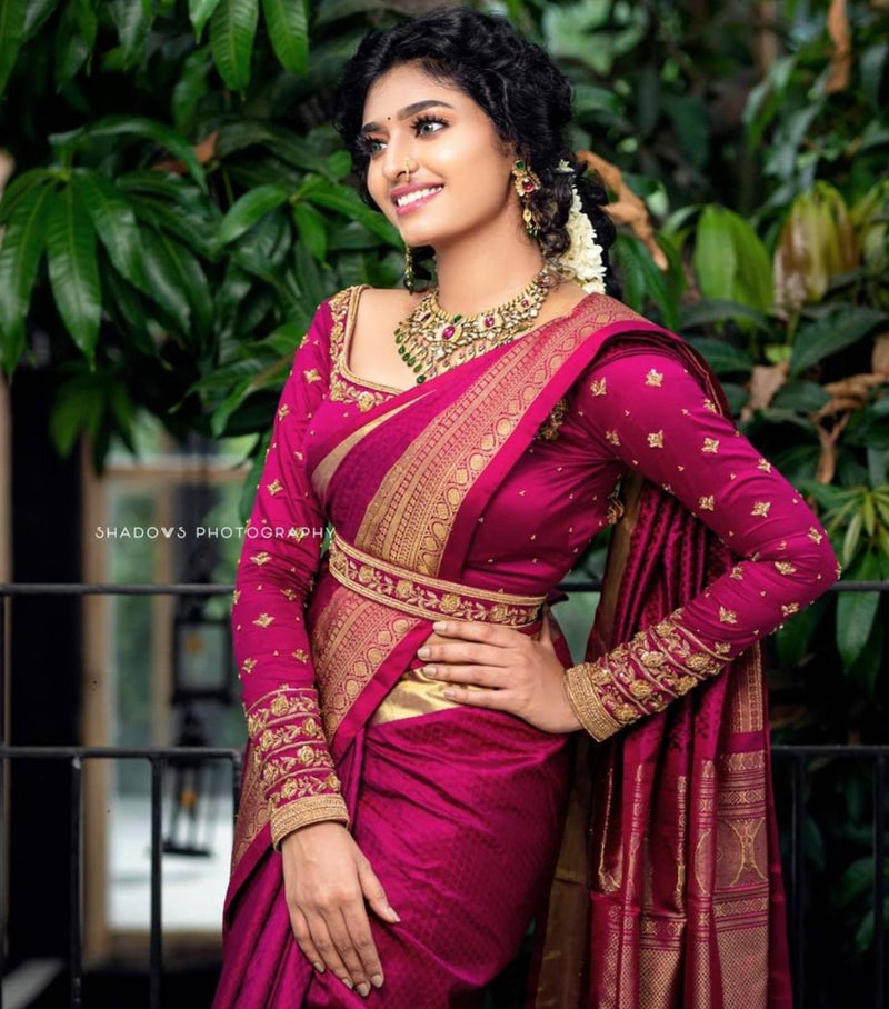 Dark Pink & Golden Kanjivaram Wedding Saree With Blouse, Party Wear Saree,  Roopkatha Designer Sarees, फैंसी साड़ी - Bhakti Silk Mills, Surat | ID:  2850486639673