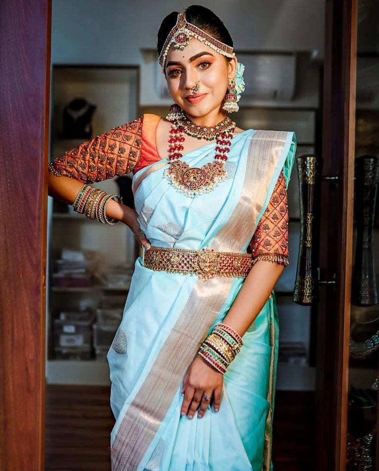 Gleaming Sky-Blue Colored Soft Silk Designer Saree With Blouse - 4557