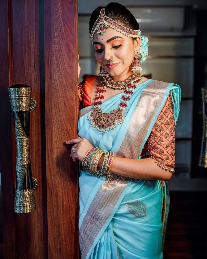 Gleaming Sky-Blue Colored Soft Silk Designer Saree With Blouse - 4557